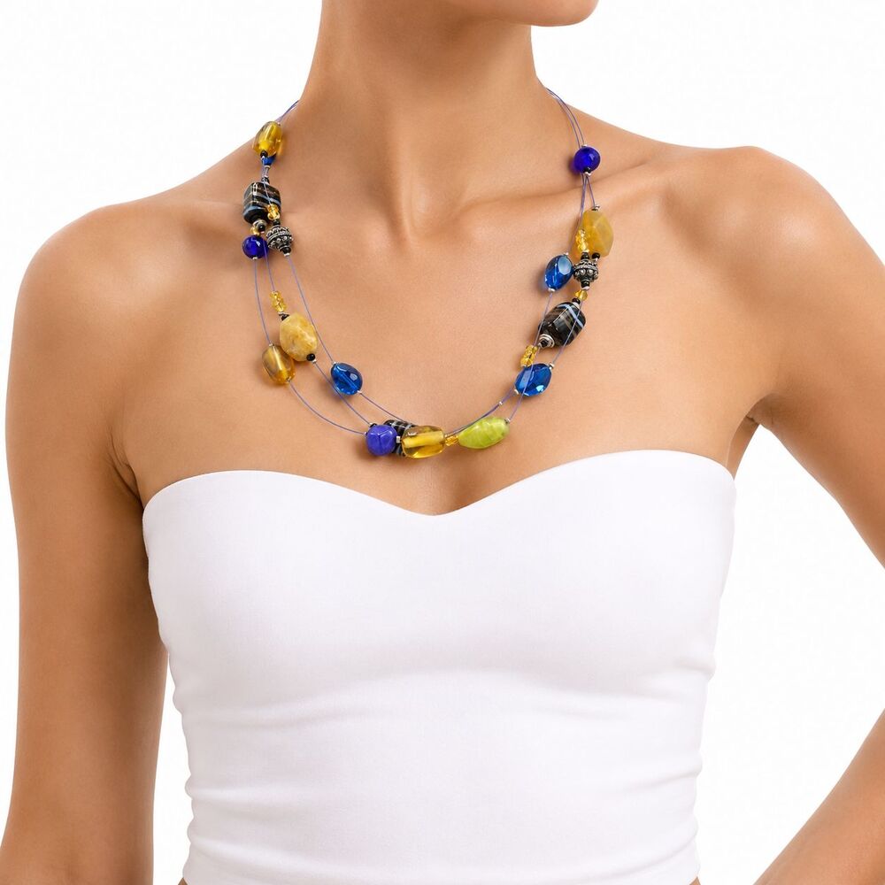 Chico's Bohemian Triple Strand Wire Glass Blue Citrine Bead Short 20" Necklace